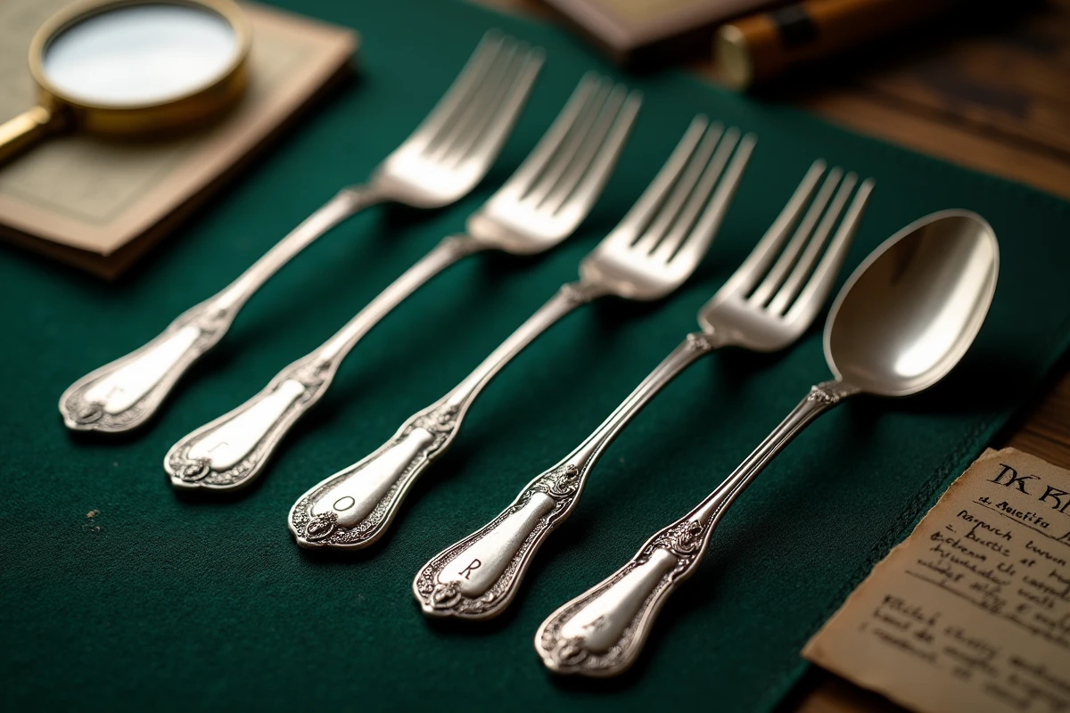 Poinçons français sur des couverts en argent anciens vus en macro sur un tapis de présentation