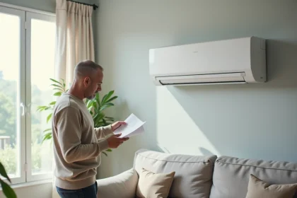 Pompe à chaleur air/air RIBO T'et installée dans un salon moderne avec un homme consultant un document technique