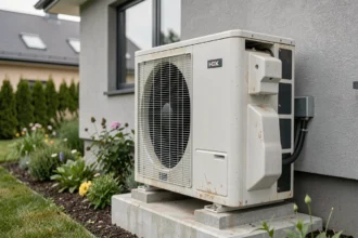 Pompe à chaleur air eau installée en extérieur sur la façade d'une maison contemporaine