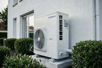 Pompe à chaleur De Dietrich 16 kW installée sur la façade extérieure d'une maison individuelle