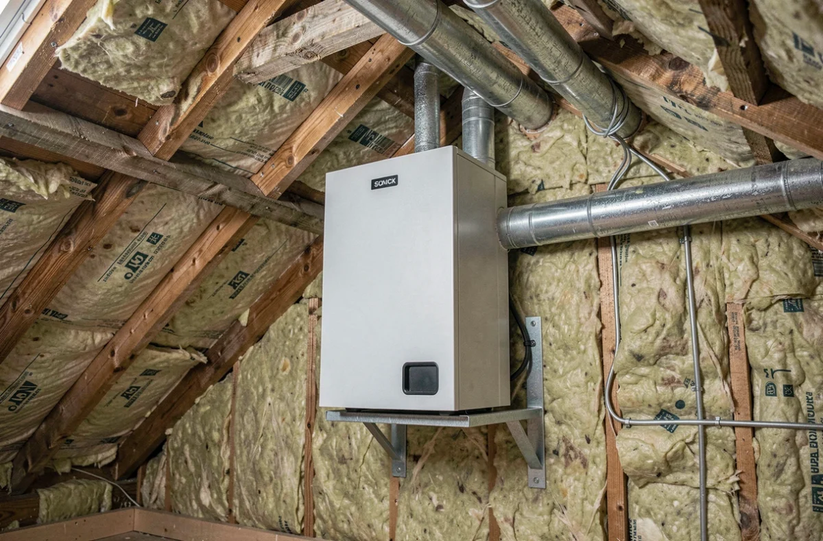 Pompe à chaleur air-eau installée sous la pente d'un toit dans un grenier avec isolation en laine minérale et conduits de ventilation