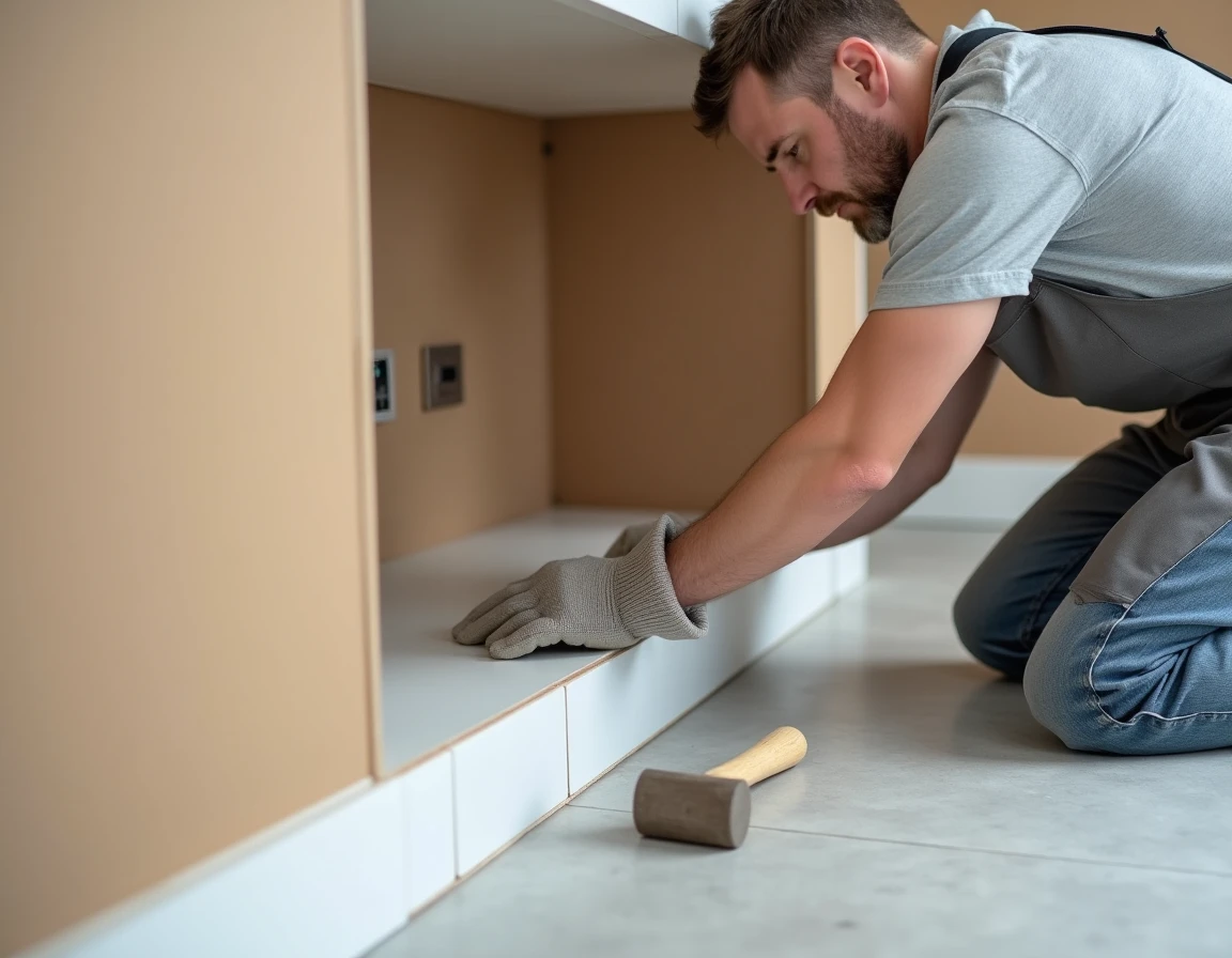 Installateur posant un cache angle plinthe blanc en MDF à la jonction de deux murs dans une cuisine en rénovation