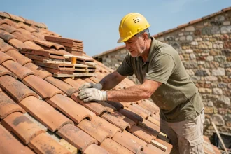 Artisan couvreur posant des tuiles canal en terre cuite sur une toiture en pente lors d'un chantier résidentiel en France