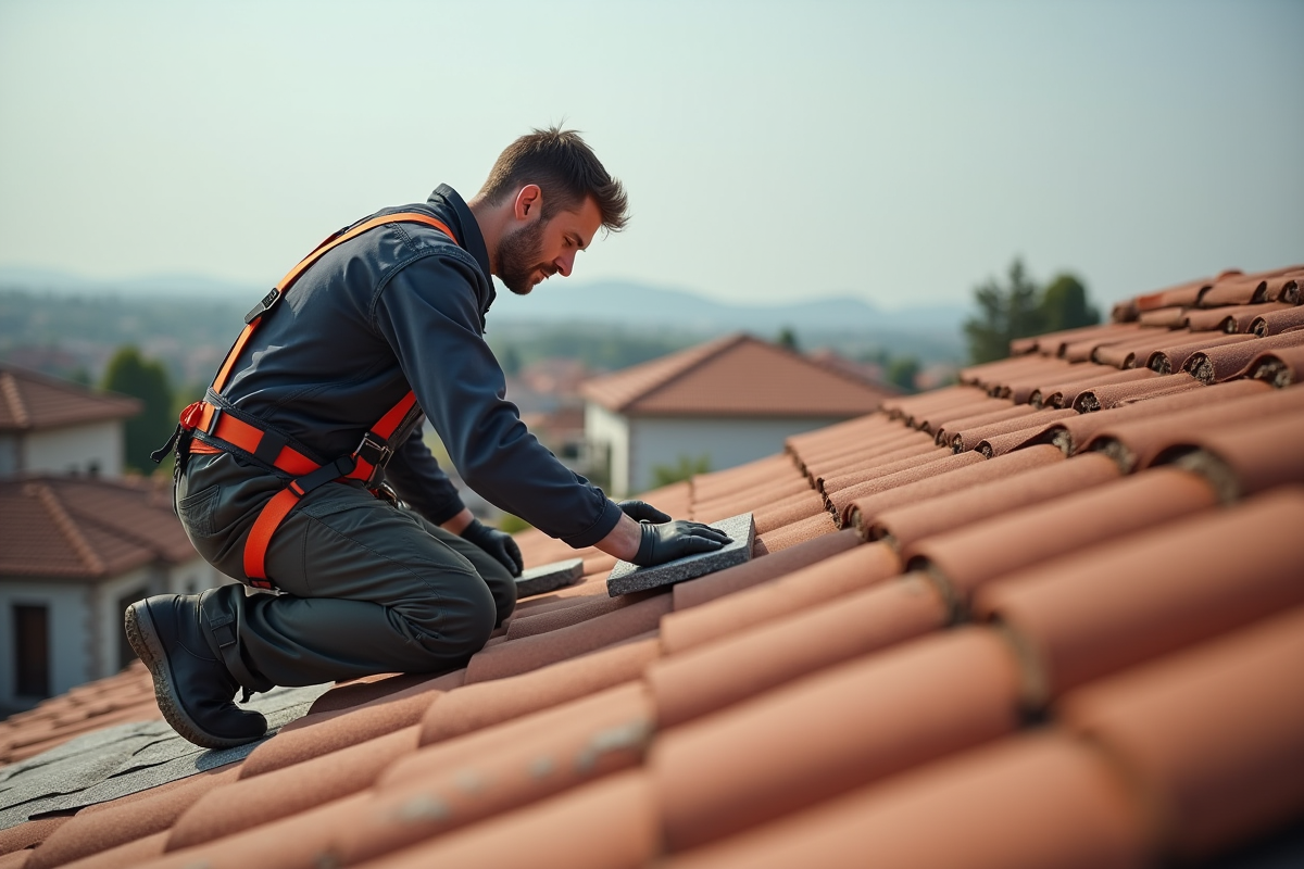 Homme en tenue de chantier pose des pierres sur un toit résidentiel