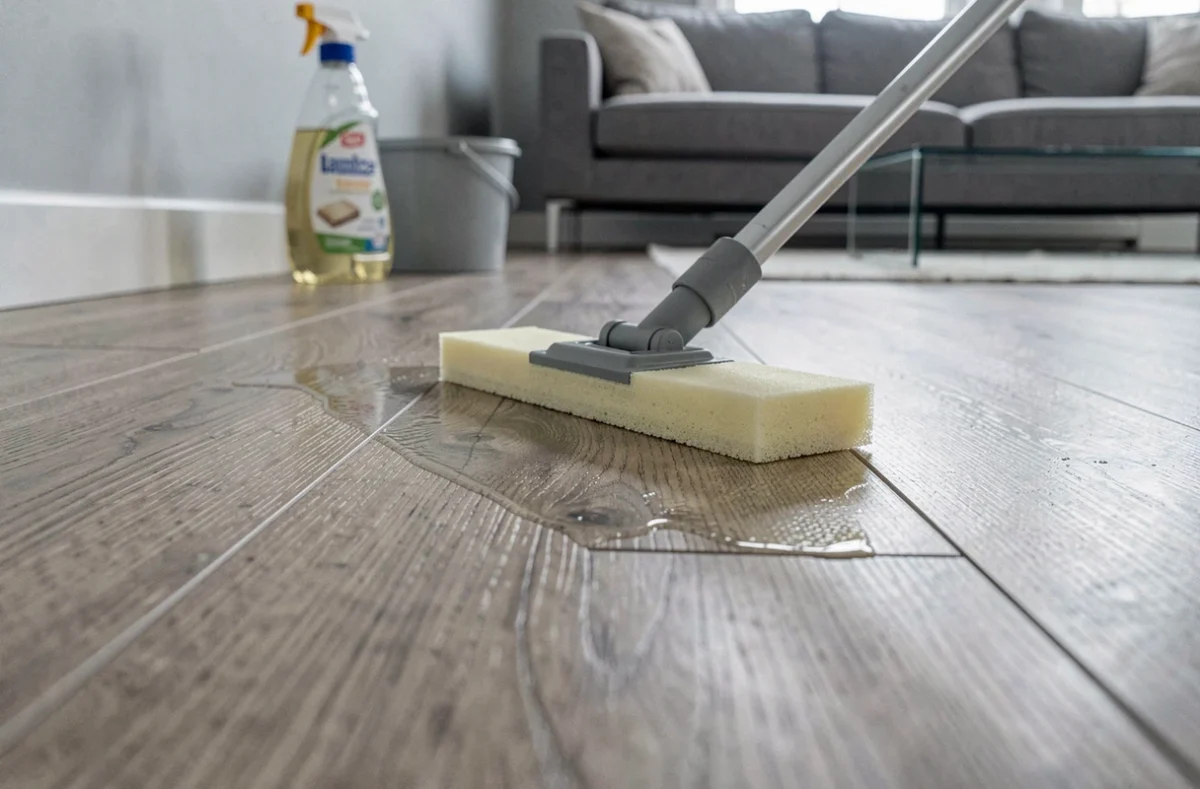 Gros plan d'un balai plat nettoyant un parquet stratifié avec un produit du commerce visible en arrière-plan