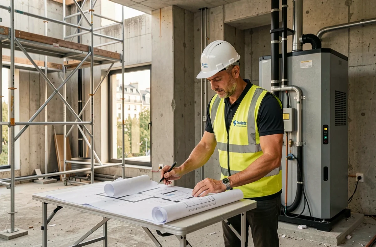 Chef de projet Projets Transparences analysant les plans d'installation de pompe à chaleur sur un chantier de rénovation parisien