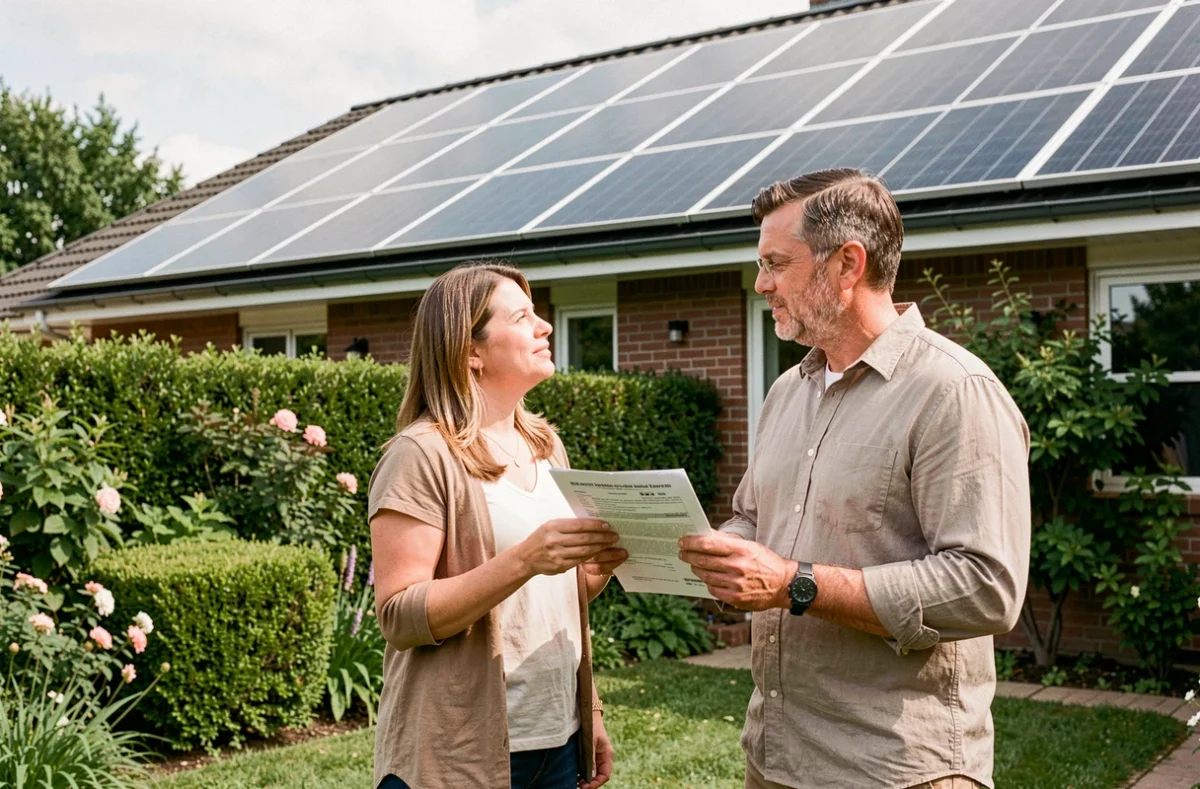 Couple de propriétaires examinant le devis d'installation d'un kit photovoltaïque 9 kW devant leur maison équipée