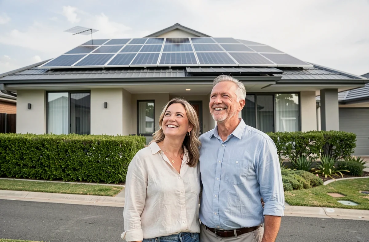 Couple de propriétaires satisfaits devant leur maison équipée de panneaux Soluxtec