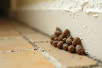 Pupes de mouche brunes collées sur un mur blanc près d'une plinthe dans un couloir résidentiel