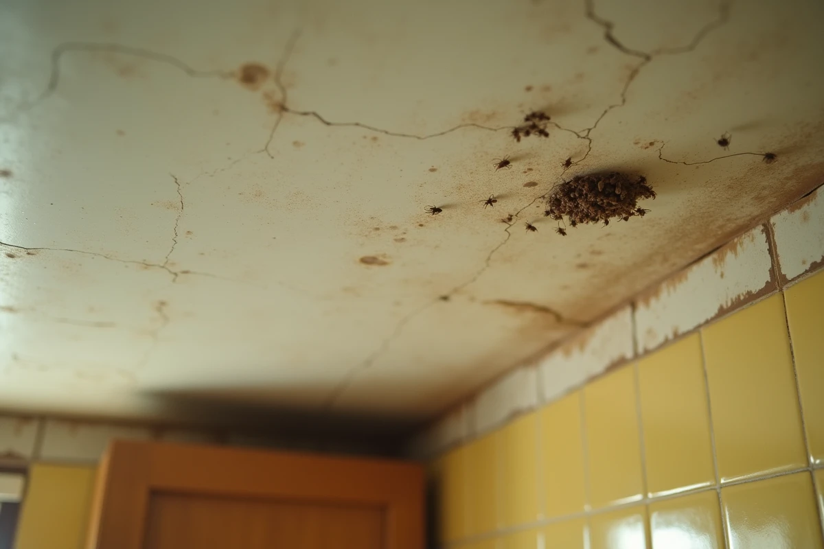 Pupes de mouche accrochées au plafond fissuré d'une cuisine ancienne vue en contre-plongée