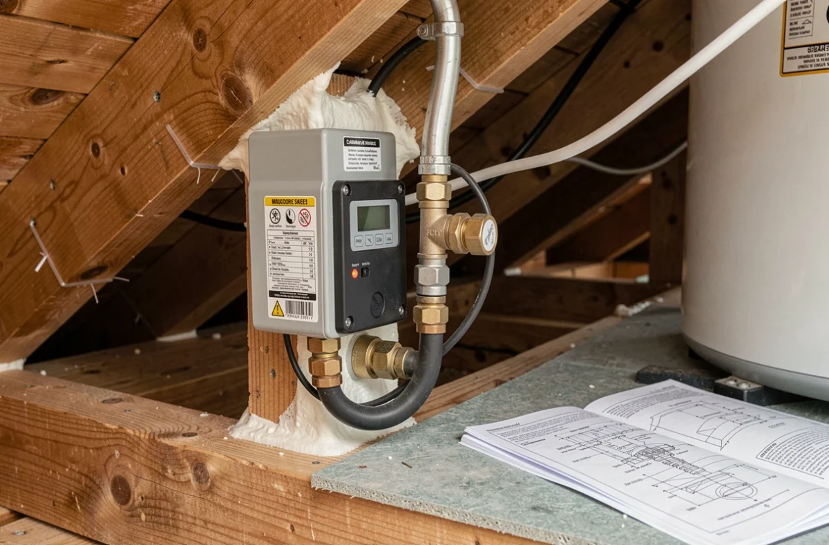 Gros plan sur les raccordements frigorifiques et le panneau de contrôle d'une pompe à chaleur fixée sous une charpente en bois