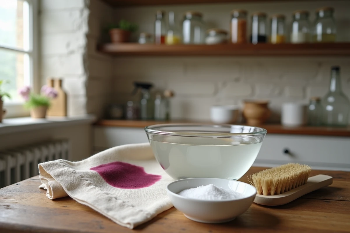 Produits naturels pour enlever une tache de fruit sur du linge, vinaigre blanc, sel et brosse douce