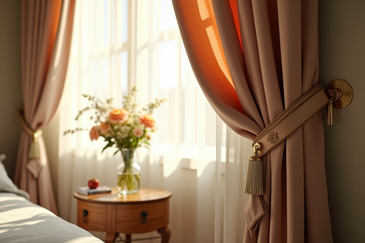 Zoom sur rideaux en tissu précieux avec détails et lumière naturelle