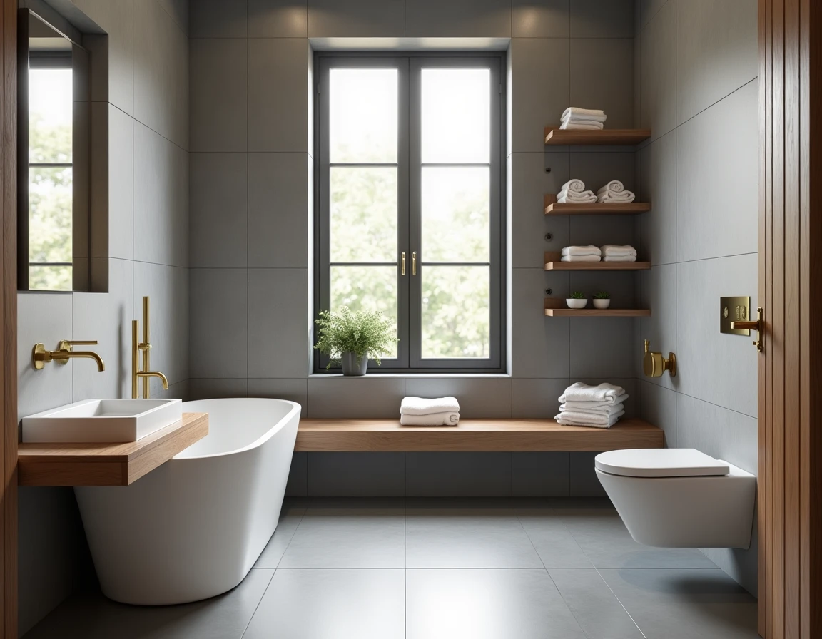 Salle de bain 4m2 rénovée sans WC avec douche à l'italienne en grand format gris et robinetterie laiton brossé