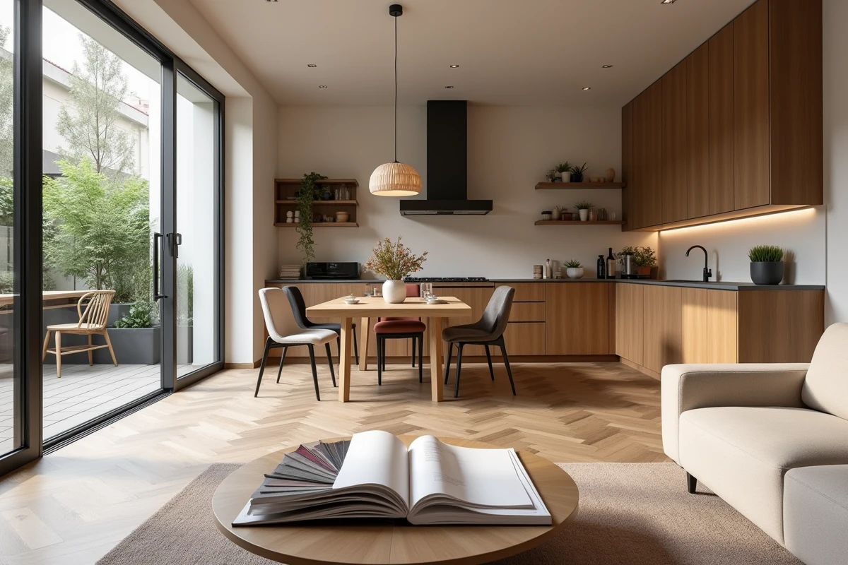 Espace salon et cuisine harmonisé avec un schéma de couleurs cohérent dans le cadre d'une étude de décoration intérieure globale