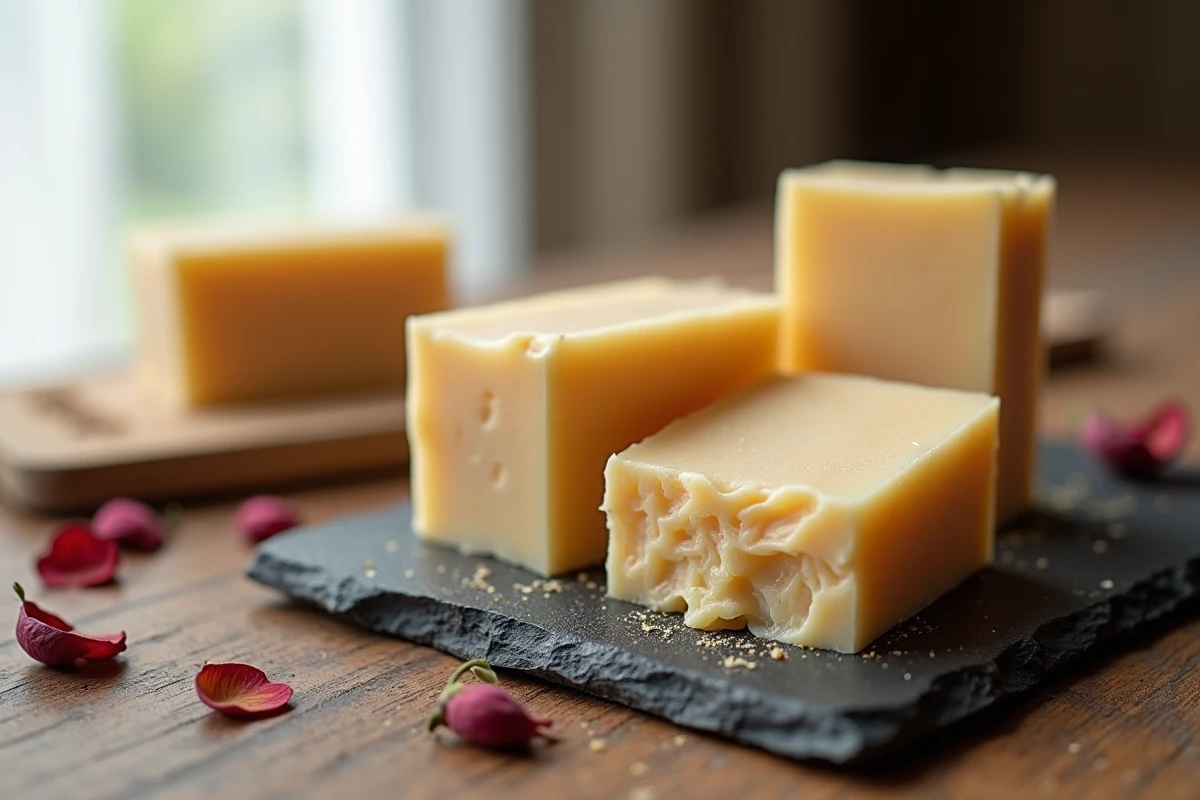Barres de savon artisanal démoulées à la finition lisse et sans grumeaux disposées sur une ardoise rustique avec des pétales de rose séchés