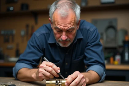 Serrurier professionnel inspectant le mécanisme interne d'une serrure de porte intérieure sur un établi en bois