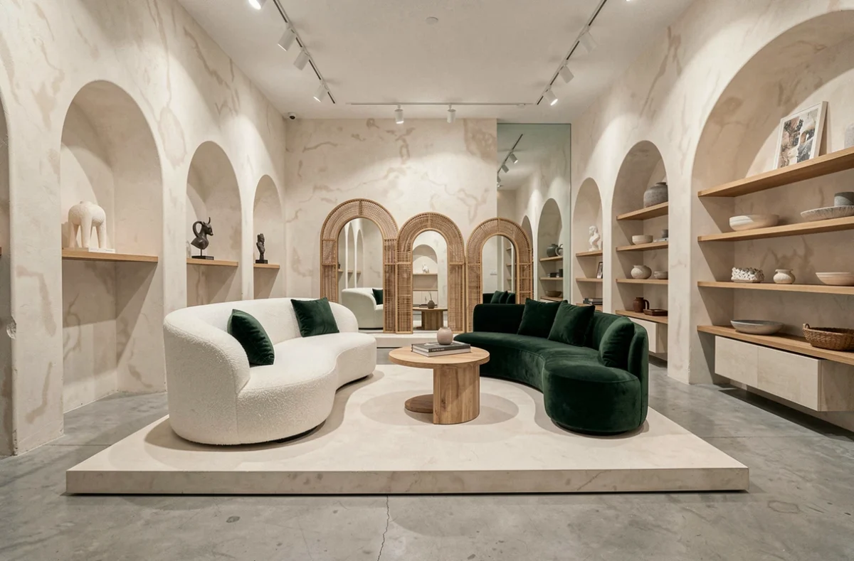 Espace showroom d'un magasin décoration Lyon mettant en scène les tendances 2026 avec mobilier boucle, miroir rotin et coussins velours vert