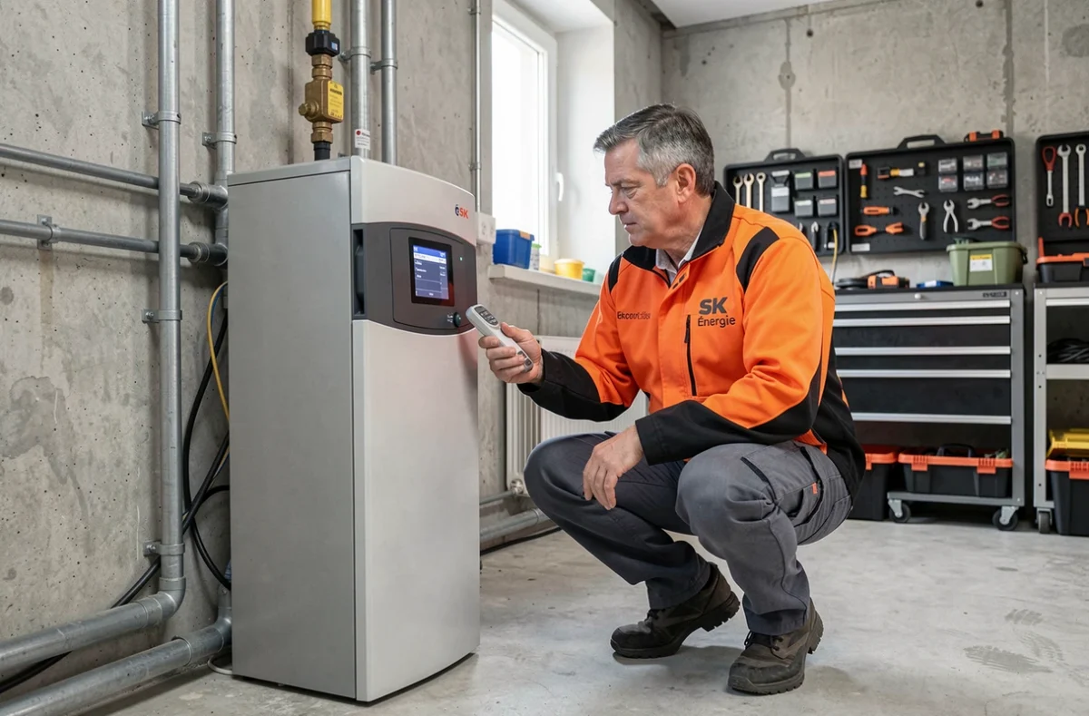 Technicien SK Énergie diagnostiquant une pompe à chaleur géothermique dans une chaufferie parisienne