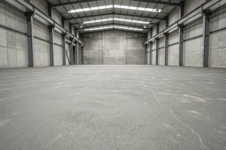 Sol en béton brut dans un grand entrepôt industriel vide avec texture mate et colonnes métalliques