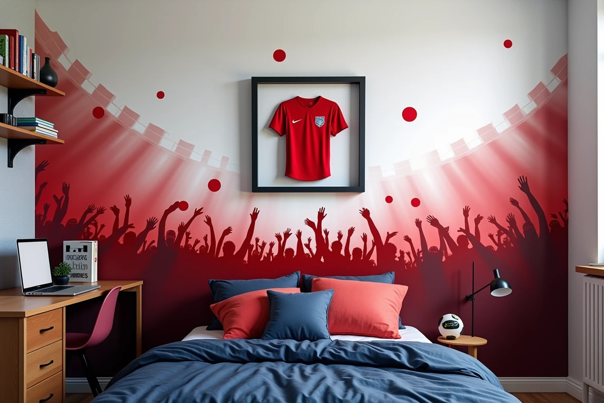 Stickers football muraux et maillot encadré dans une chambre d'adolescent décorée sur le thème du sport