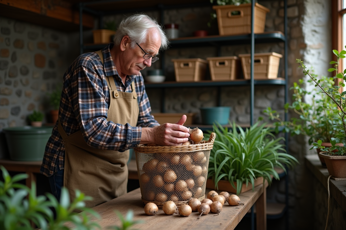 Homme rangeant des bulbes de lys dans un panier en basement