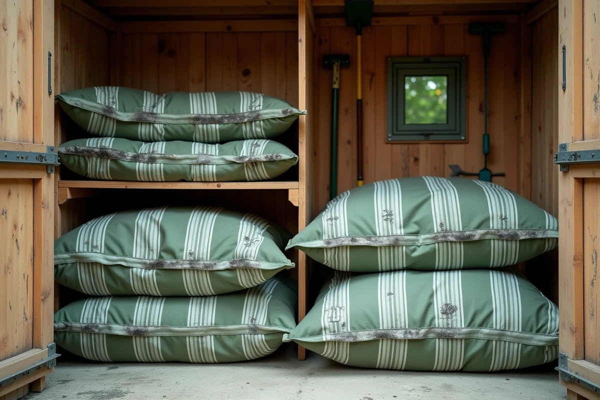 Coussins et housse de parasol de jardin stockés dans un cabanon présentant des traces de moisissures sur les tissus