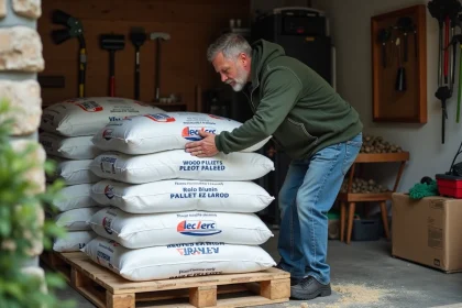 Homme rangeant des sacs de pellets de bois Leclerc dans un garage résidentiel, organisation du stock pour l'hiver