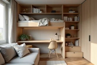 Studio Parisien optimisé avec bureau mural rabattable, lit mezzanine et étagères sol-plafond pour maximiser chaque mètre carré