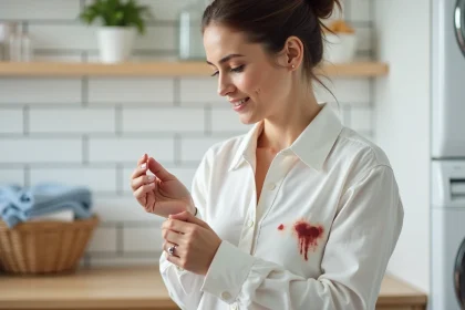 Femme examinant une tache de fruit séchée sur une chemise blanche dans une buanderie domestique