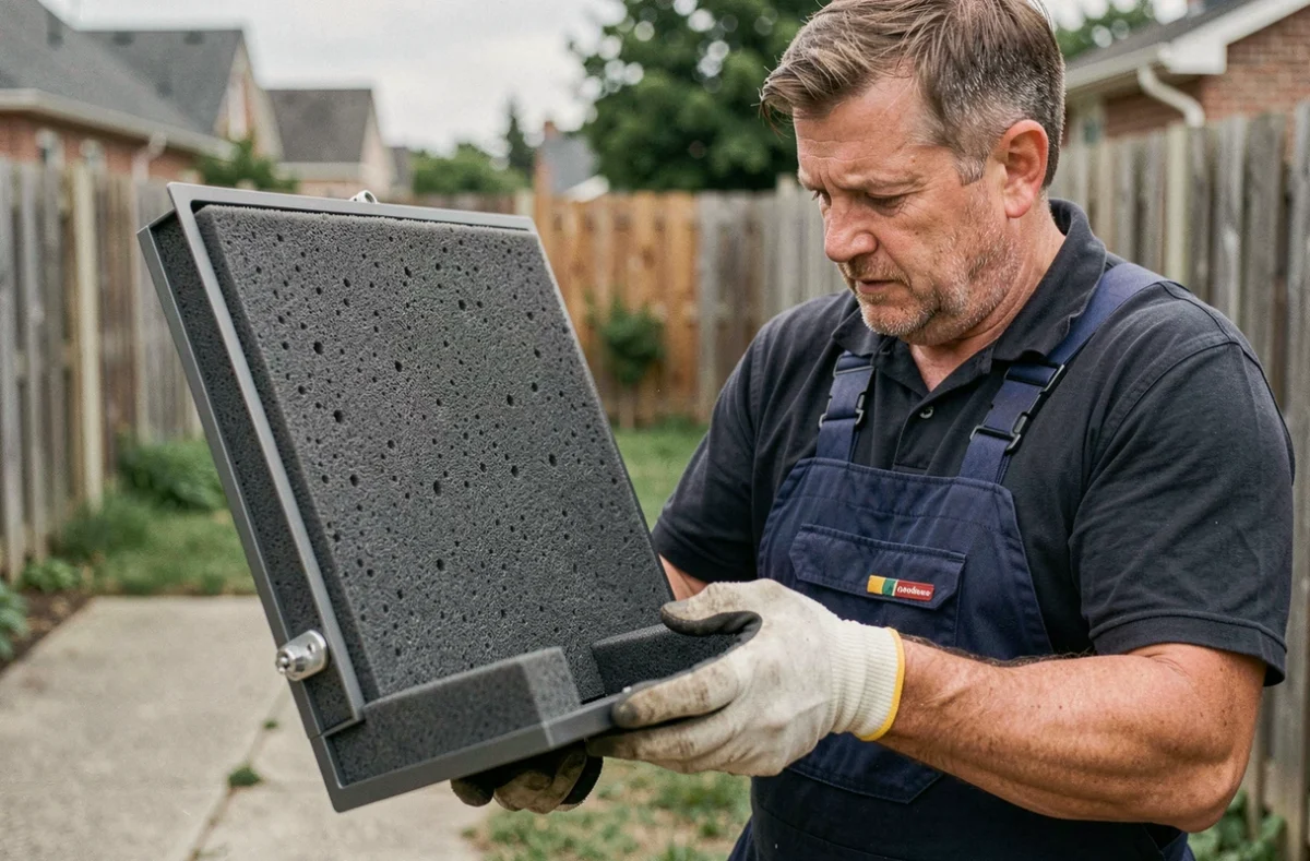 Technicien inspectant le panneau insonorisé d'un caisson anti-bruit pour pompe à chaleur dans un jardin résidentiel