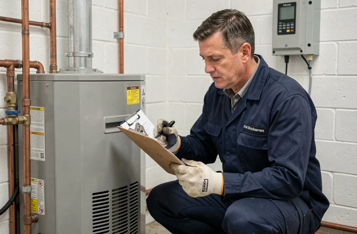 Technicien en train d'installer et de contrôler une pompe à chaleur air eau de 14 kW dans une chaufferie résidentielle