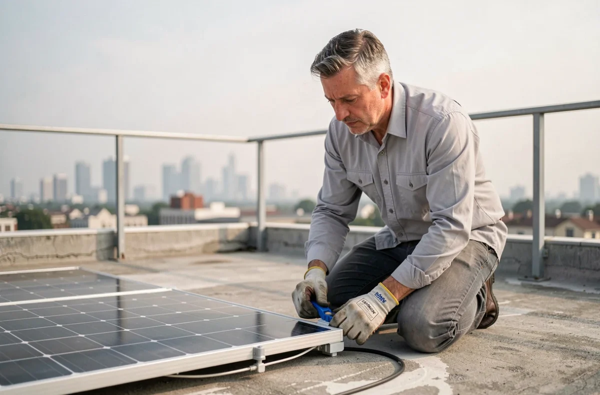 Technicien inspectant un panneau solaire de 500Wc sur une terrasse en béton en milieu urbain