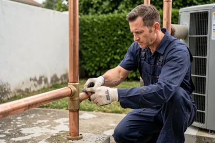 Technicien HVAC inspectant un tuyau en cuivre isolé connecté à une pompe à chaleur extérieure