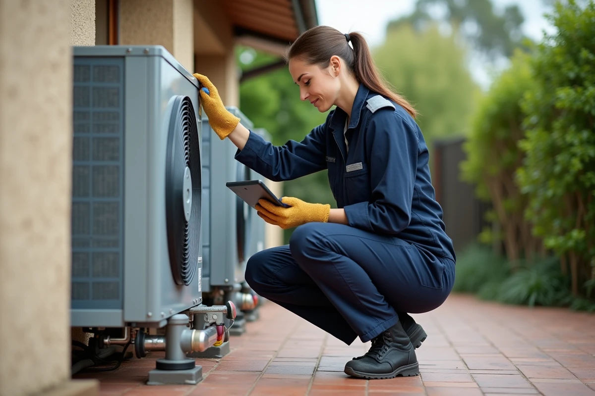 Technicienne HVAC inspectant l'unité extérieure d'une pompe à chaleur air/air sur une terrasse résidentielle