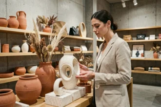 Femme découvrant les tendances déco 2026 dans un magasin de décoration à Lyon avec des céramiques organiques et objets en travertin