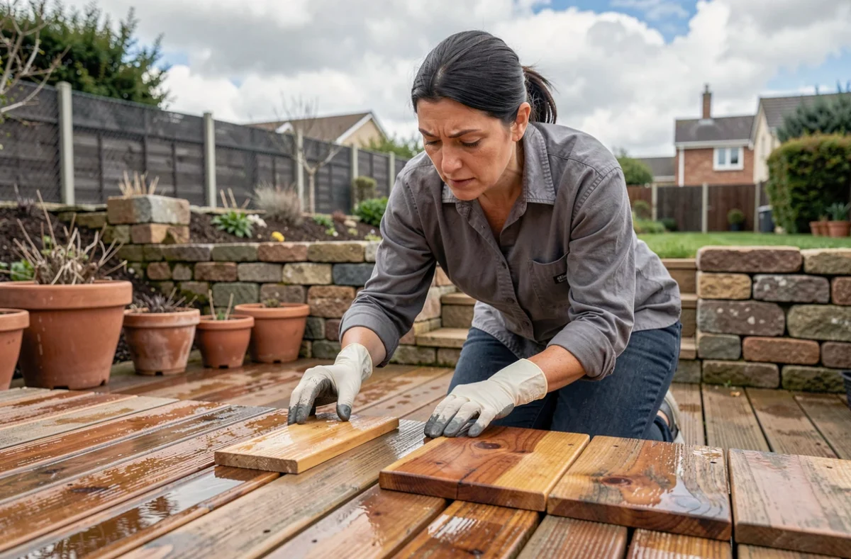 Femme inspectant une terrasse en bois de teck décoloré par un traitement à l'acide oxalique mal appliqué dans un jardin