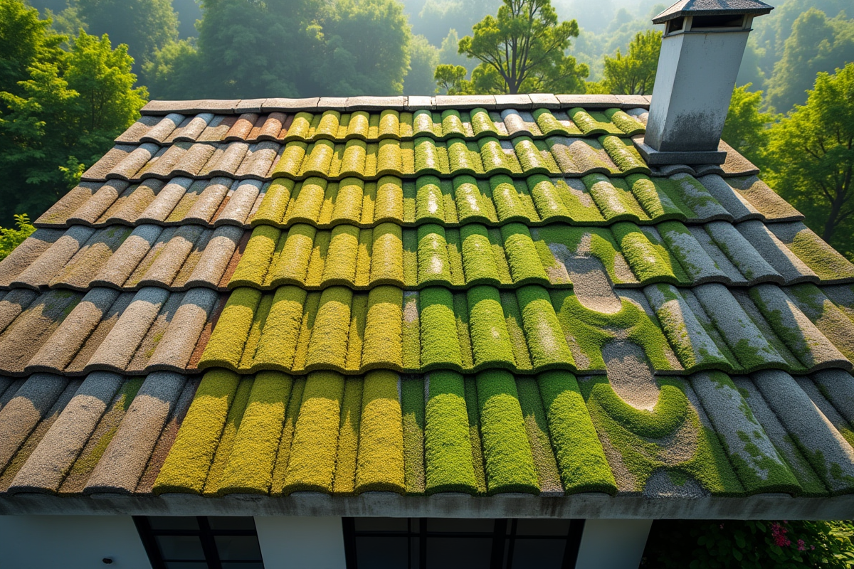 Toit en tuiles en béton partiellement nettoyé avec maison moderne en arrière-plan