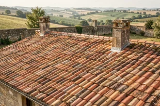 Toiture en tuiles plates en terre cuite sur une maison de campagne française, vue en plongée montrant la régularité des rangées et la texture naturelle du matériau