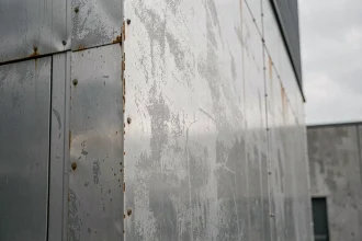 Tôle en aluminium extérieure vieillie avec patine naturelle sur façade industrielle moderne