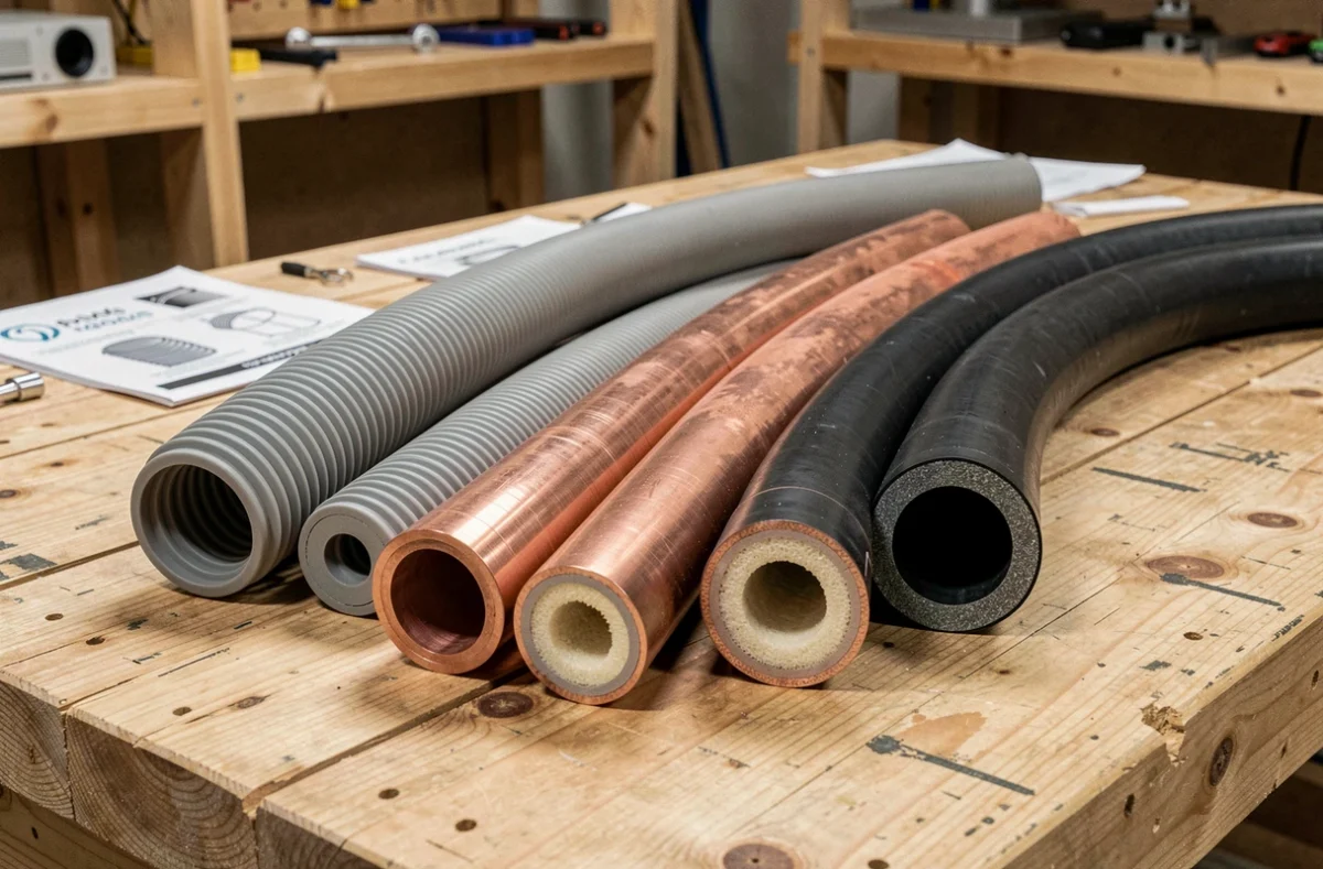 Différents types de tuyaux pour pompe à chaleur présentés sur un établi d'atelier