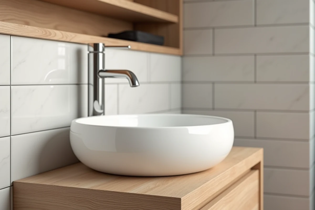Vasque à poser ronde en céramique blanche avec robinet cascade chromé sur meuble vasque en chêne clair