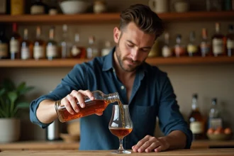 Homme versant du whisky depuis une carafe en verre dans un verre de dégustation sur un comptoir en bois, ambiance décontractée à la maison