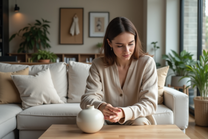 Femme moderne ajustant un vase en céramique dans un salon contemporain